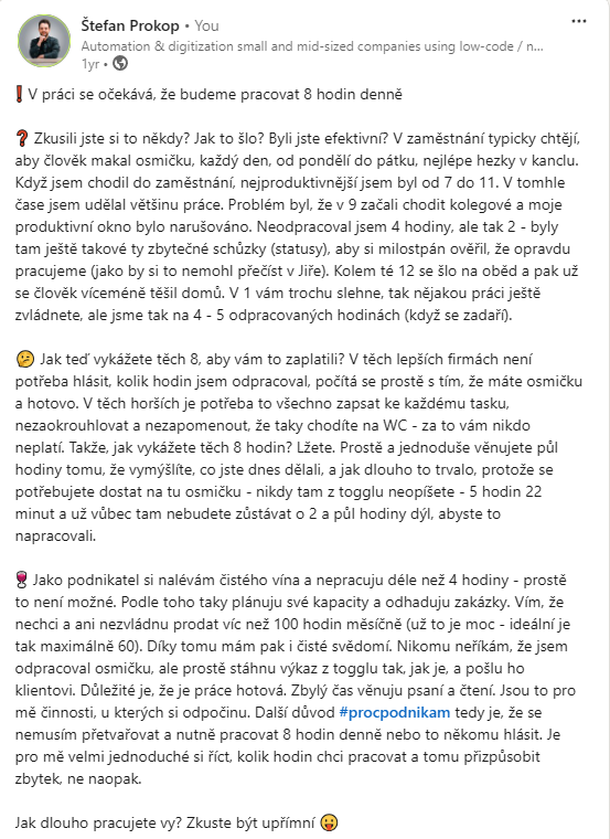Stefan Prokop LinkedIn post